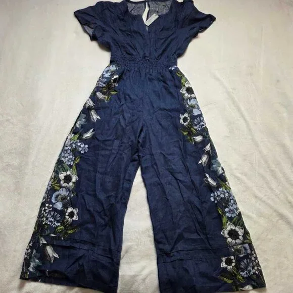 New SP By Anthropologie The Somerset linen printed jumpsuit in blue S Petite